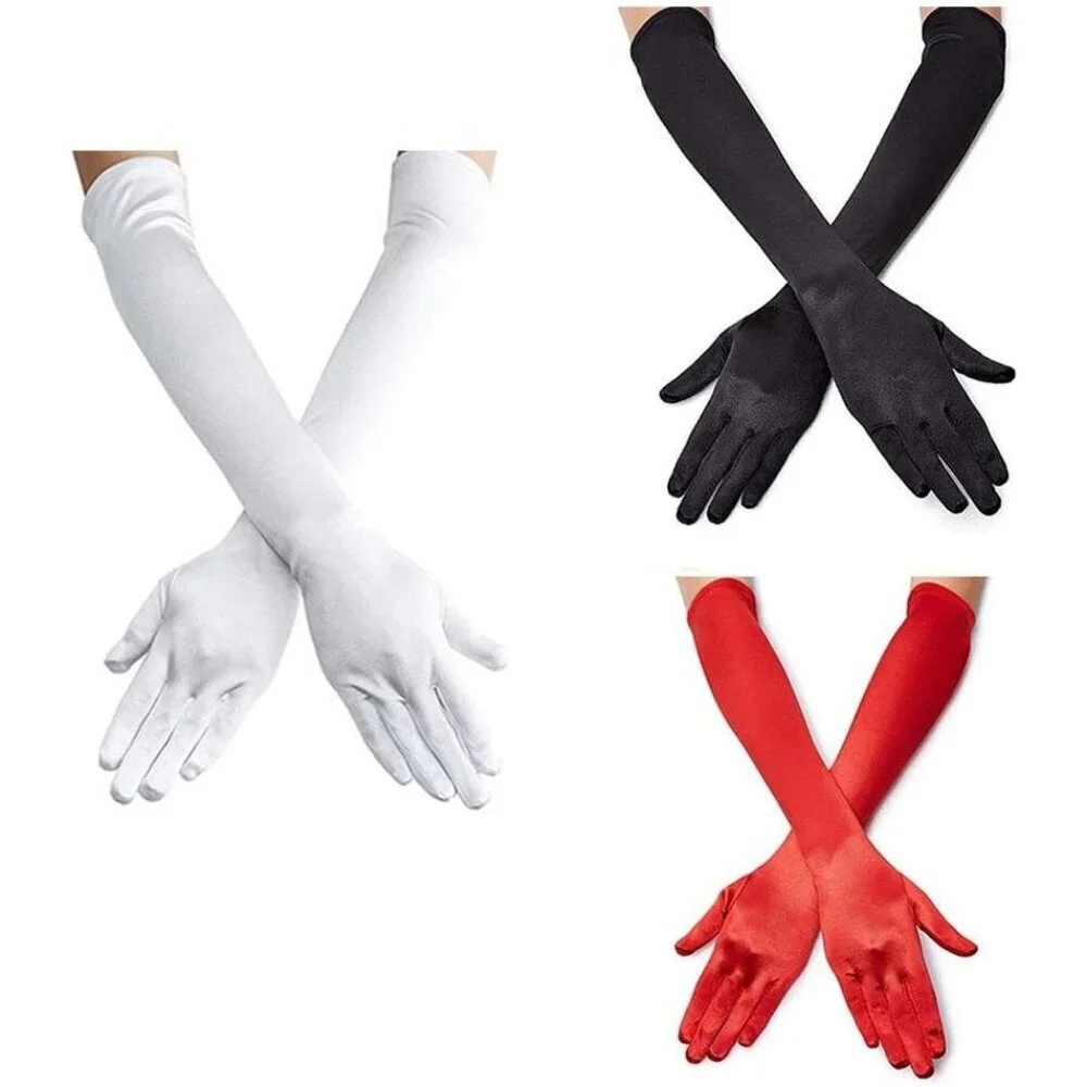 Women's Satin Dark White Long Gloves Costumes Elbow Length Evening Party Prom